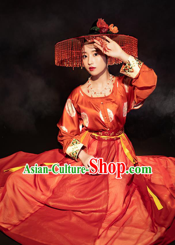 Chinese Ancient Tang Dynasty Young Lady Red Hanfu Dress Traditional Garment Nobility Female Historical Costumes for Women