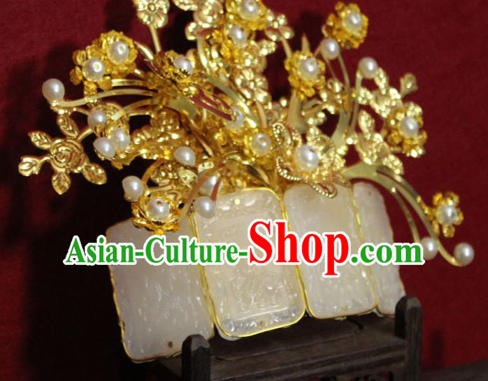 Traditional Chinese Handmade Jade Hair Crown Ancient Princess Hair Accessories Golden Hairpin Hair Comb for Women