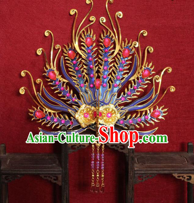 Traditional Chinese Handmade Cloisonne Phoenix Hairpins Ancient Queen Hair Accessories Tassel Hair Crown for Women
