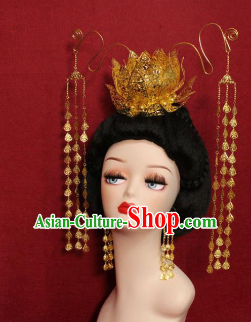 Traditional Chinese Ancient Empress Golden Lotus Tassel Phoenix Coronet Handmade Hair Jewelry Hair Accessories Hair Fascinators for Women