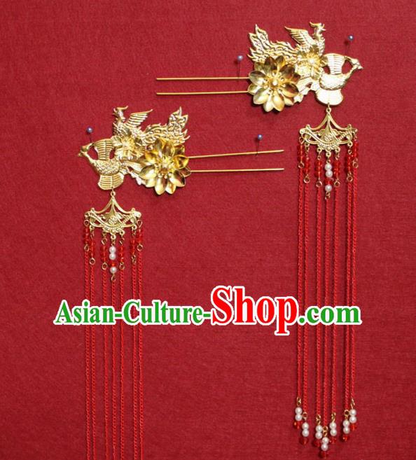 Traditional Chinese Handmade Red Tassel Hairpins Ancient Queen Golden Phoenix Hair Clip Hair Accessories for Women