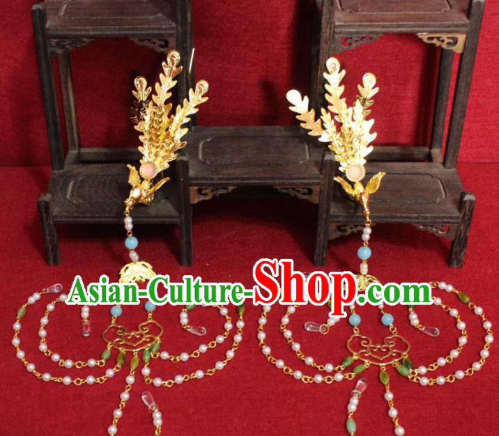 Traditional Chinese Handmade Pearls Tassel Hair Clip Ancient Queen Hair Accessories Golden Phoenix Hairpin for Women
