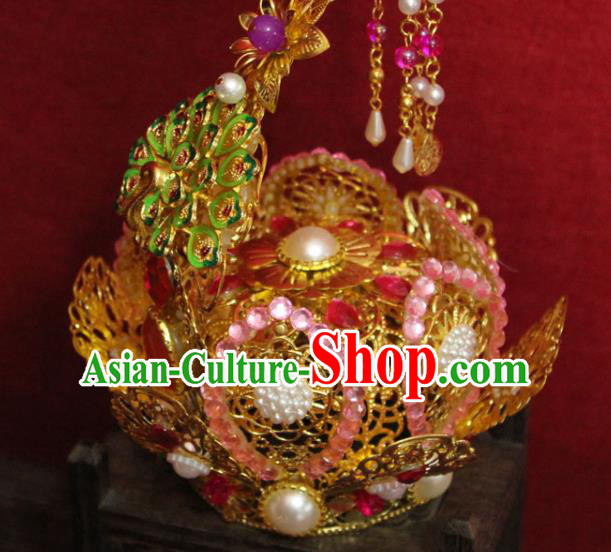 Traditional Chinese Handmade Pink Crystal Hair Crown Ancient Queen Hair Accessories Golden Cloisonne Phoenix Coronet for Women