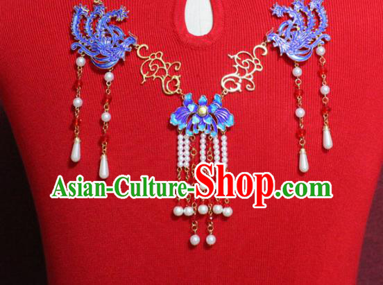 Traditional Chinese Ancient Princess Necklace Handmade Jewelry Accessories Cloisonne Phoenix Pearls Tassel Necklet for Women
