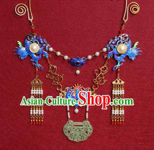 Traditional Chinese Ancient Princess Cloisonne Bat Phoenix Tassel Necklace Handmade Jewelry Accessories Jade Longevity Lock Necklet for Women