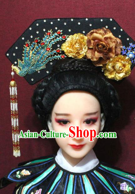 Chinese Ancient Qing Dynasty Queen Hair Jewelry Traditional Handmade Hairpins Hair Accessories Tassel Phoenix Coronet Complete Set