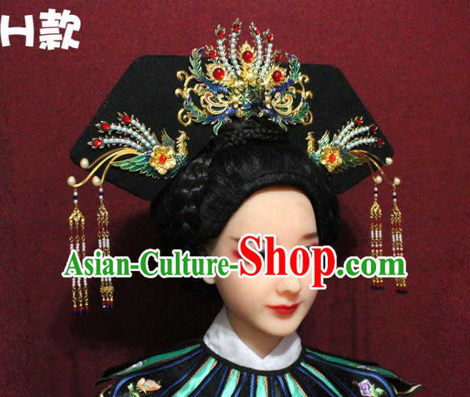 Chinese Ancient Qing Dynasty Queen Hair Jewelry Traditional Handmade Hairpins Hair Accessories Tassel Pearls Phoenix Coronet Complete Set