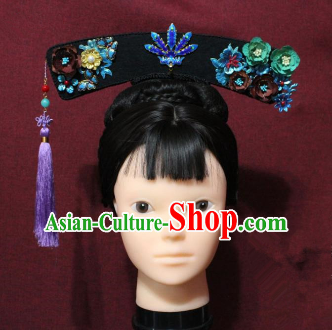 Chinese Ancient Imperial Consort Purple Tassel Cloisonne Phoenix Coronet Hair Jewelry Traditional Handmade Hairpins Qing Dynasty Queen Hair Accessories Complete Set
