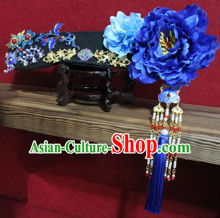 Chinese Ancient Imperial Consort Blue Peony Phoenix Coronet Hair Jewelry Traditional Handmade Hairpins Qing Dynasty Queen Hair Accessories Complete Set