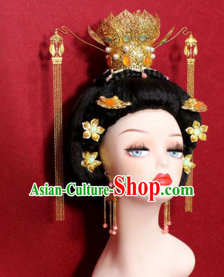 Traditional Chinese Ancient Empress Gems Phoenix Coronet Handmade Hair Jewelry Golden Lotus Hair Accessories Hairpins Complete Set for Women