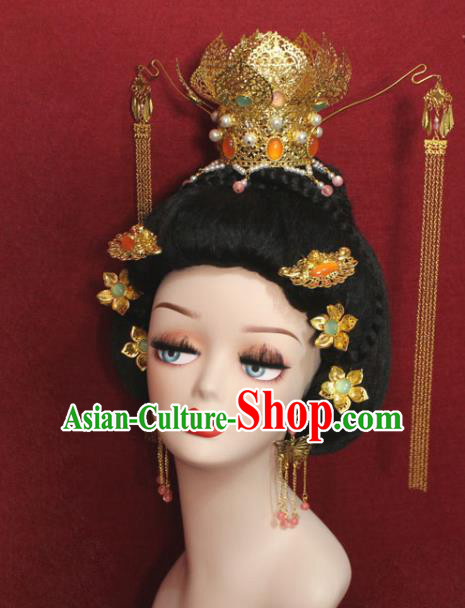 Traditional Chinese Ancient Empress Gems Phoenix Coronet Handmade Hair Jewelry Golden Lotus Hair Accessories Hairpins Complete Set for Women