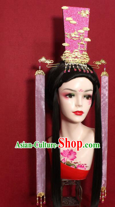 Traditional Chinese Ancient Female Official Pink Ribbon Hair Crown Handmade Hair Jewelry Taoist Nun Hair Accessories for Women