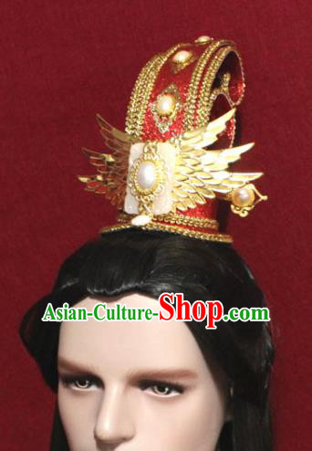 Traditional Chinese Ancient Prince Red Hairdo Crown Handmade Ming Dynasty Noble Childe Jade Hair Accessories for Men