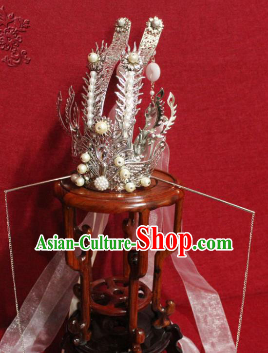 Traditional Chinese Ancient Prince Argent Hairdo Crown Handmade Ming Dynasty Noble Childe Ribbon Hair Accessories for Men