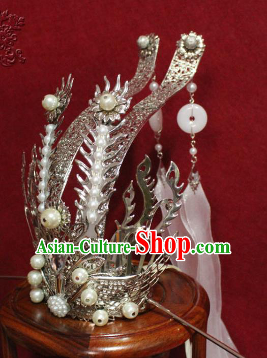 Traditional Chinese Ancient Prince Argent Hairdo Crown Handmade Ming Dynasty Noble Childe Ribbon Hair Accessories for Men