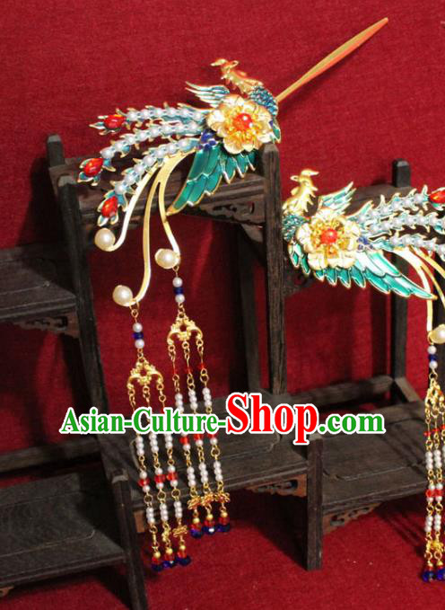Traditional Chinese Handmade Blueing Phoenix Tassel Hairpins Ancient Qing Dynasty Imperial Consort Hair Accessories Hair Clip for Women