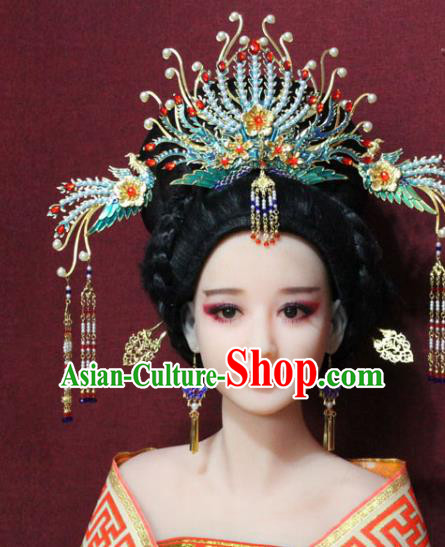 Chinese Ancient Imperial Consort Phoenix Coronet Hair Jewelry Traditional Handmade Tassel Hairpins Ming Dynasty Queen Blueing Hair Accessories Complete Set