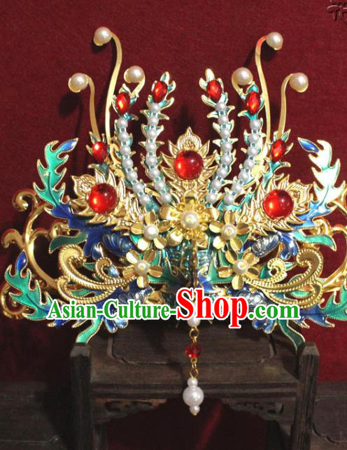 Traditional Chinese Handmade Pearls Tassel Phoenix Hairpins Ancient Qing Dynasty Imperial Consort Hair Accessories Hair Crown for Women