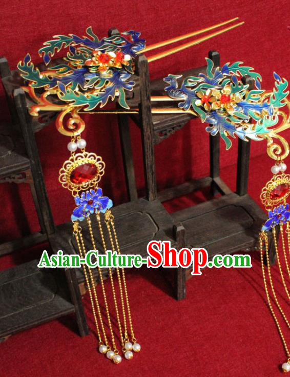 Traditional Chinese Handmade Tassel Hairpins Ancient Qing Dynasty Imperial Consort Hair Accessories Blueing Hair Clip for Women