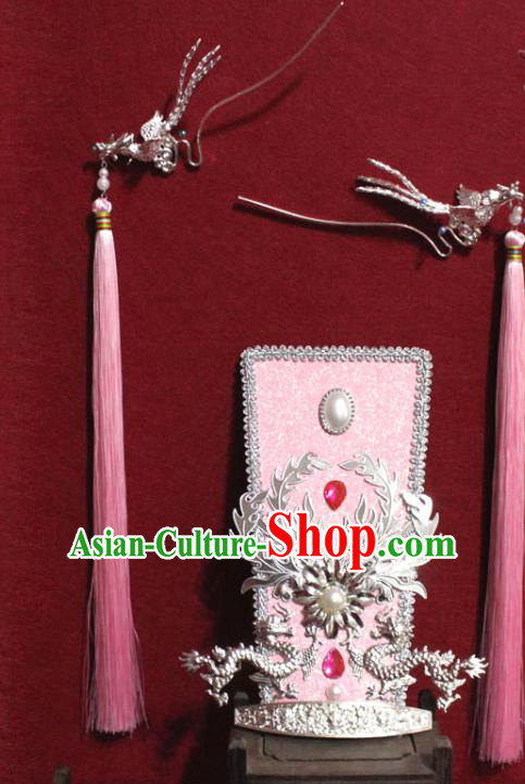 Traditional Chinese Ancient Female Official Dragon Hair Crown Handmade Hair Jewelry Taoist Nun Hairpins Pink Hair Accessories for Women