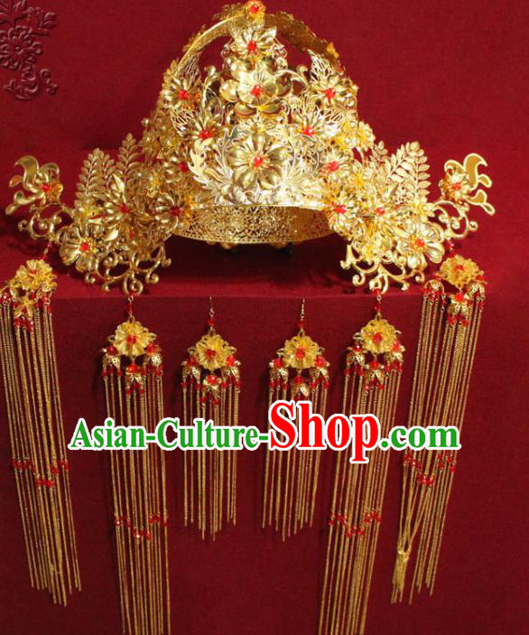 Chinese Ancient Imperial Consort Golden Flowers Phoenix Coronet Hair Jewelry Traditional Handmade Tassel Hairpins Ming Dynasty Hair Accessories Complete Set