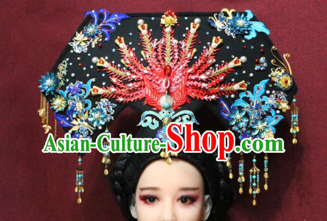 Chinese Ancient Imperial Consort Red Phoenix Coronet Hair Jewelry Traditional Handmade Hairpins Qing Dynasty Queen Hair Accessories Complete Set