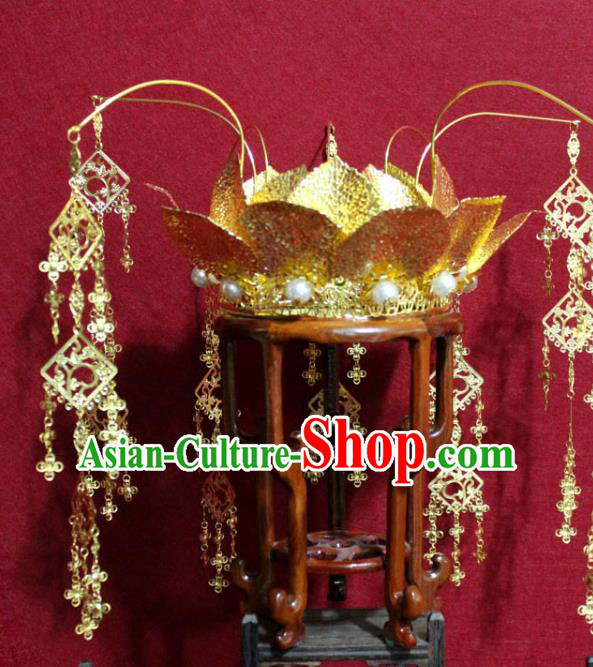 Traditional Chinese Ancient Empress Golden Lotus Phoenix Coronet Hair Crown Handmade Hair Jewelry Hairpins Hair Accessories for Women