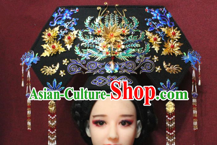 Chinese Ancient Imperial Consort Cloisonne Phoenix Coronet Hair Jewelry Traditional Handmade Hairpins Qing Dynasty Queen Hair Accessories Complete Set