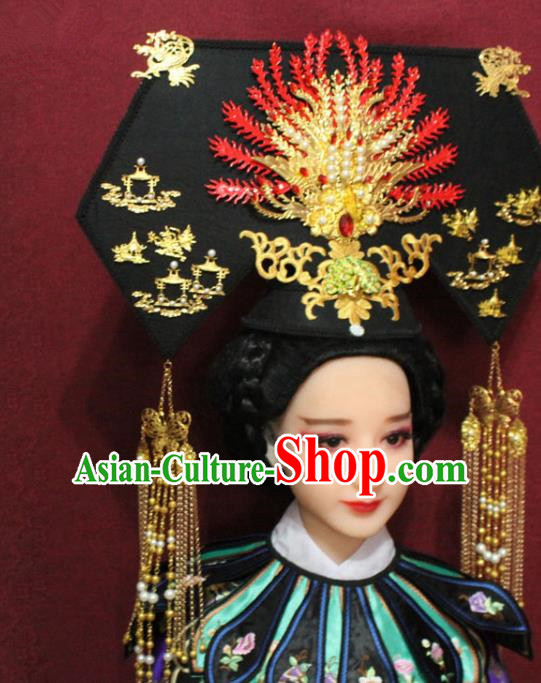 Chinese Ancient Imperial Consort Pearls Golden Phoenix Coronet Hair Jewelry Traditional Handmade Hairpins Qing Dynasty Queen Hair Accessories Complete Set