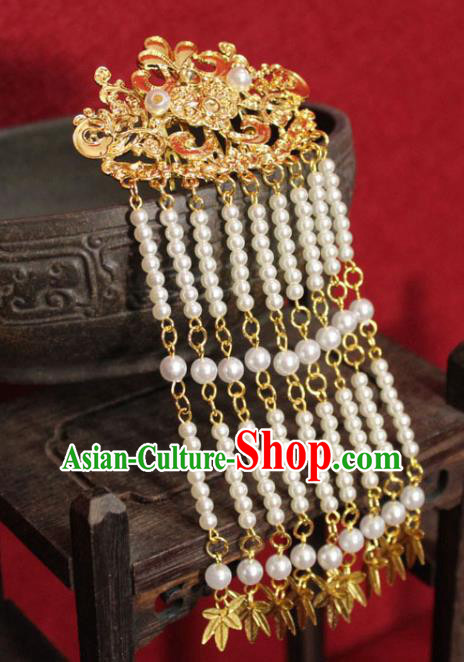 Traditional Chinese Handmade Pearls Tassel Hair Clip Ancient Queen Golden Hairpin Hair Accessories for Women