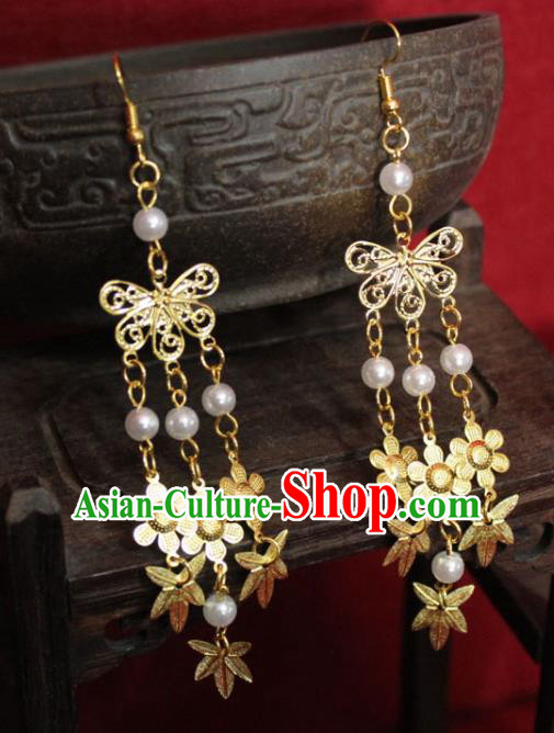 Traditional Chinese Ancient Princess Golden Maple Leaf Earrings Handmade Jewelry Accessories Tassel Eardrop for Women