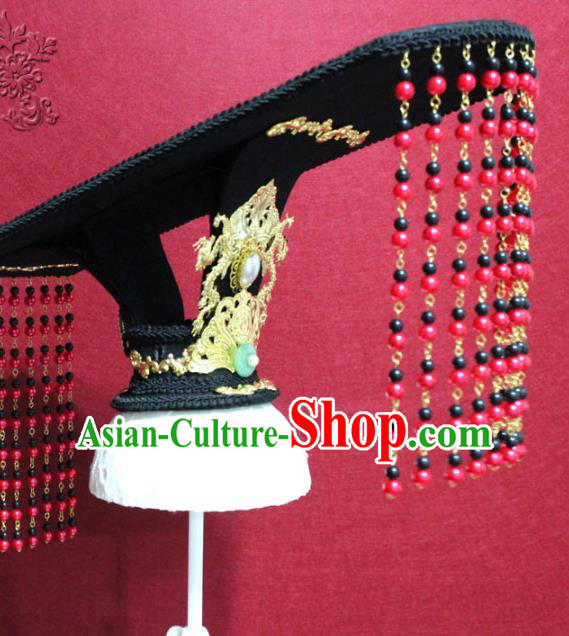 Traditional Chinese Ancient Emperor Beads Tassel Hat Handmade Han Dynasty Monarch Hair Accessories Black Royal Crown for Men