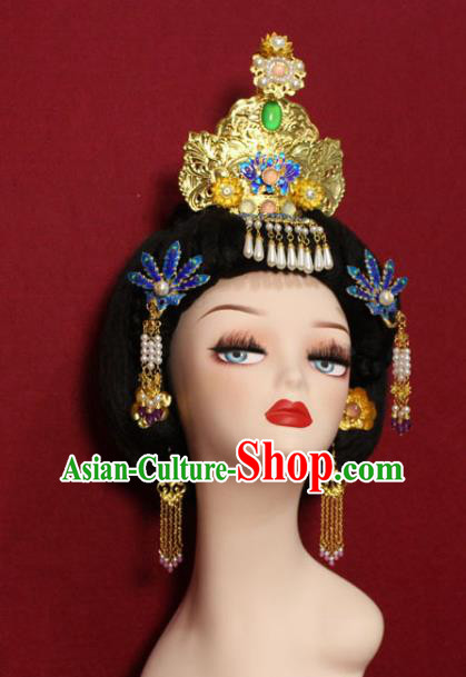Traditional Chinese Ancient Queen Cloisonne Phoenix Coronet Hair Crown Handmade Hair Jewelry Hairpins Golden Hair Accessories for Women