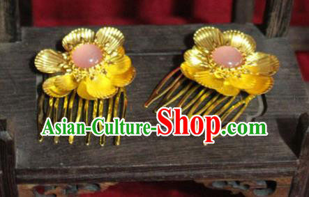 Traditional Chinese Handmade Golden Flower Hair Combs Ancient Queen Hairpin Hair Accessories for Women