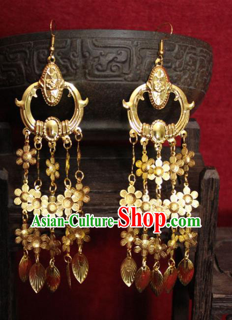Traditional Chinese Ancient Princess Golden Flowers Tassel Earrings Handmade Jewelry Accessories Eardrop for Women