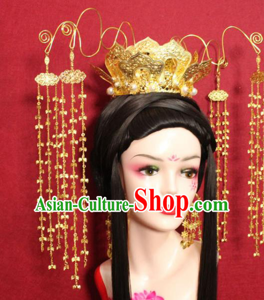 Traditional Chinese Ancient Empress Hair Accessories Golden Lotus Tassel Phoenix Coronet Handmade Hair Jewelry Hair Fascinators for Women