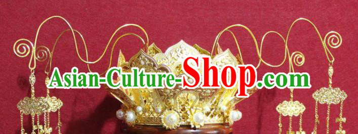 Traditional Chinese Ancient Empress Hair Accessories Golden Lotus Tassel Phoenix Coronet Handmade Hair Jewelry Hair Fascinators for Women