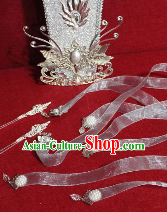 Traditional Chinese Handmade Ming Dynasty Prince White Hair Crown Ancient Noble Childe Hair Accessories for Men