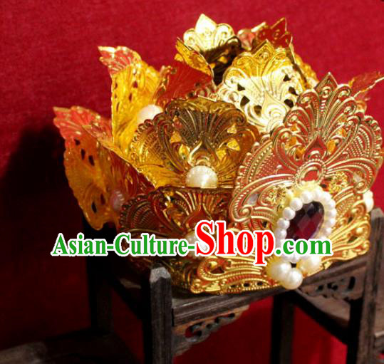 Traditional Chinese Handmade Buddhist Statues Purple Crystal Hair Crown Golden Lotus Hair Accessories