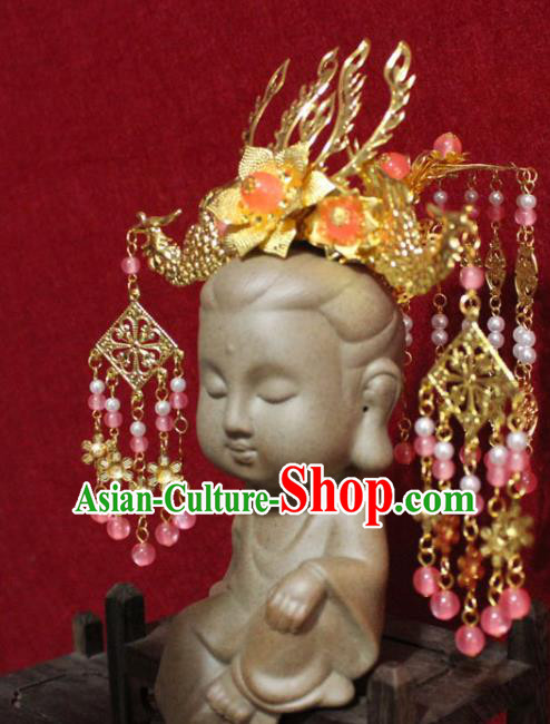 Traditional Chinese Handmade Buddhist Statues Golden Phoenix Hair Crown Tassel Hair Accessories