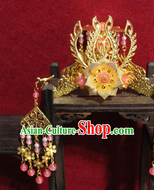 Traditional Chinese Handmade Buddhist Statues Golden Phoenix Hair Crown Tassel Hair Accessories