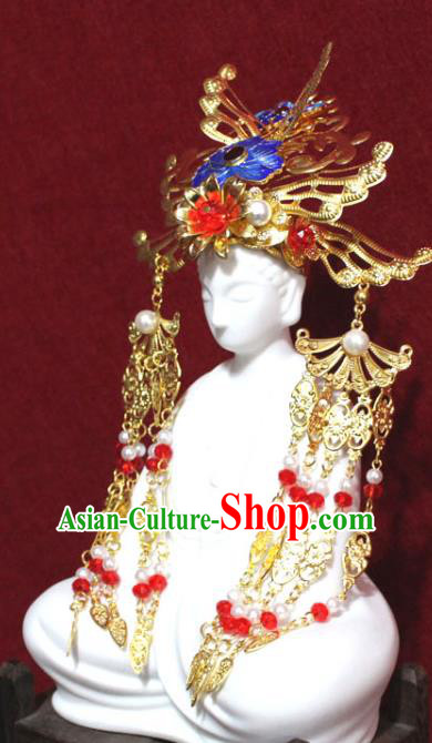 Traditional Chinese Handmade Buddhist Statues Cloisonne Lotus Phoenix Hair Crown Golden Tassel Hair Accessories