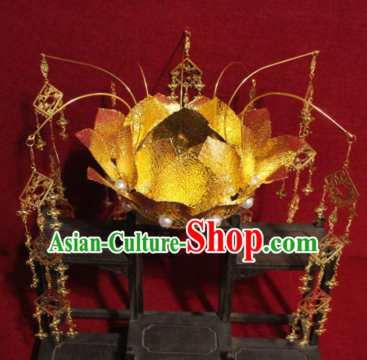 Traditional Chinese Handmade Buddhist Statues Phoenix Hair Crown Golden Lotus Tassel Hair Accessories
