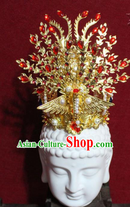 Traditional Chinese Handmade Buddhist Statues Red Crystal Phoenix Hair Crown Pearls Hair Accessories
