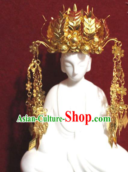 Traditional Chinese Handmade Buddhist Statues Phoenix Hair Crown Golden Wheat Tassel Hair Accessories
