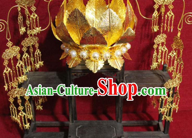 Traditional Chinese Handmade Golden Lotus Hair Crown Buddhist Statues Tassel Hairpins Hair Accessories Headwear