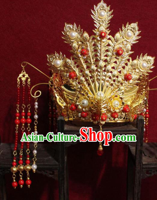 Traditional Chinese Handmade Golden Phoenix Hair Crown Buddhist Statues Red Beads Tassel Hairpins Hair Accessories Headwear