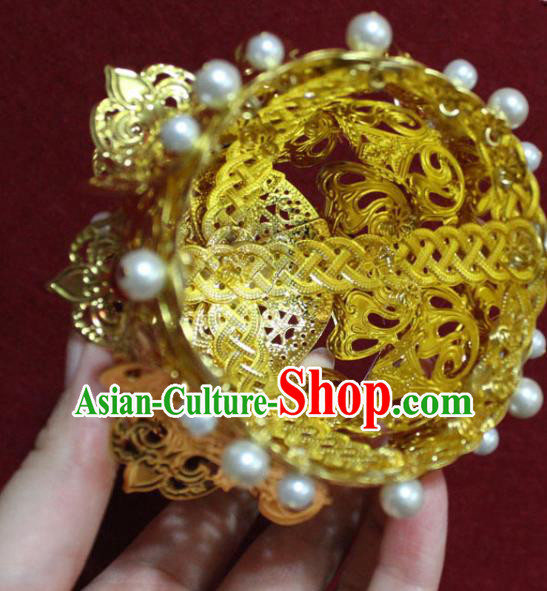 Traditional Chinese Handmade Golden Hair Crown Buddhist Statues Red Crystal Hairpins Hair Accessories Headwear