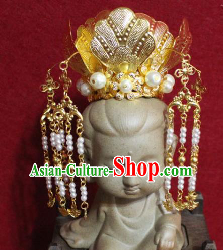 Traditional Chinese Handmade Beads Tassel Hair Crown Buddhist Statues Hairpins Golden Hair Accessories Headwear