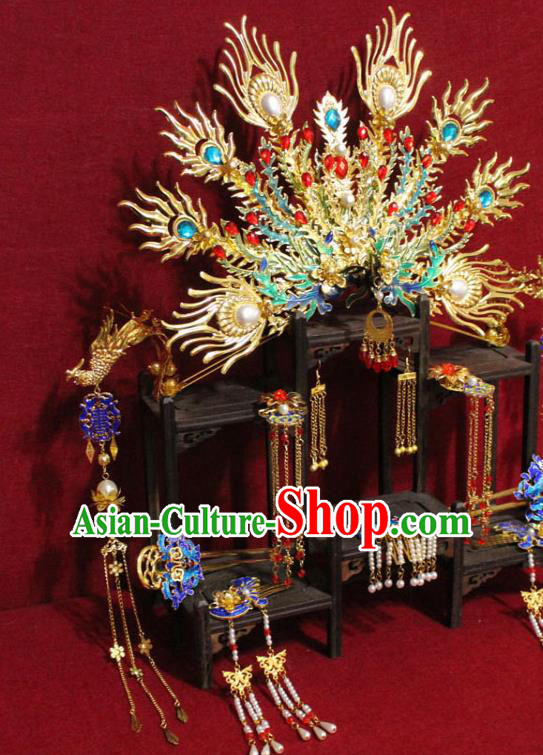 Traditional Chinese Ancient Queen Phoenix Coronet Handmade Hair Jewelry Cloisonne Hairpins Hair Accessories Complete Set